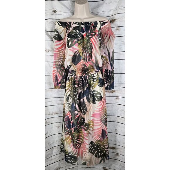 Fuzzi Botanical Tropical Floral Dress S Off Shoulder Mesh Midi Resort Vacation